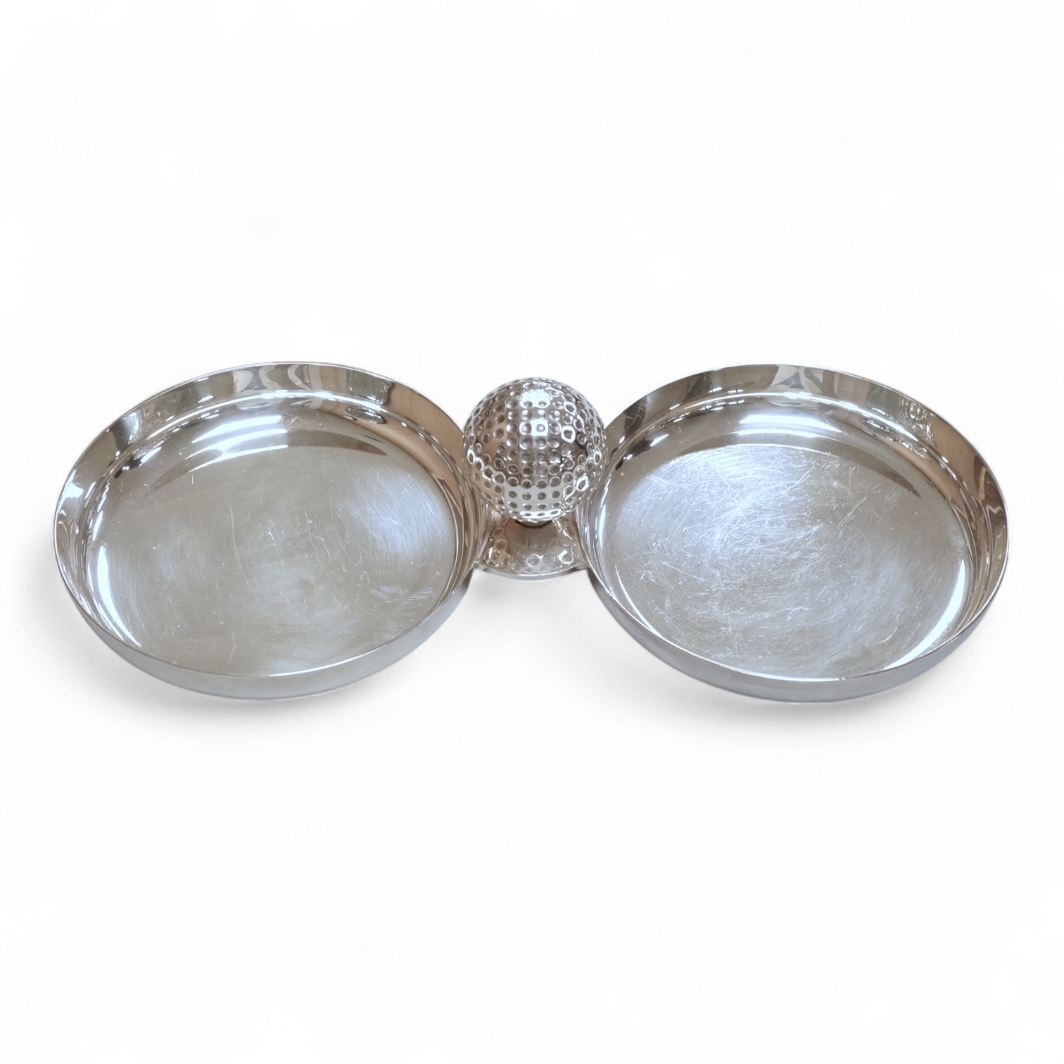 A French Hermes silver plated two division desk accessory with golf ball handle, 25.5cm.